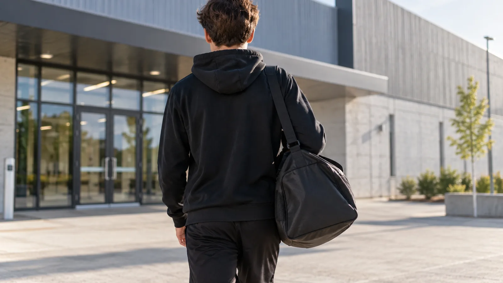 Ado de dos avec sac de sport sur l’épaule devant un gymnase, nutrition de l’adolescent sportif