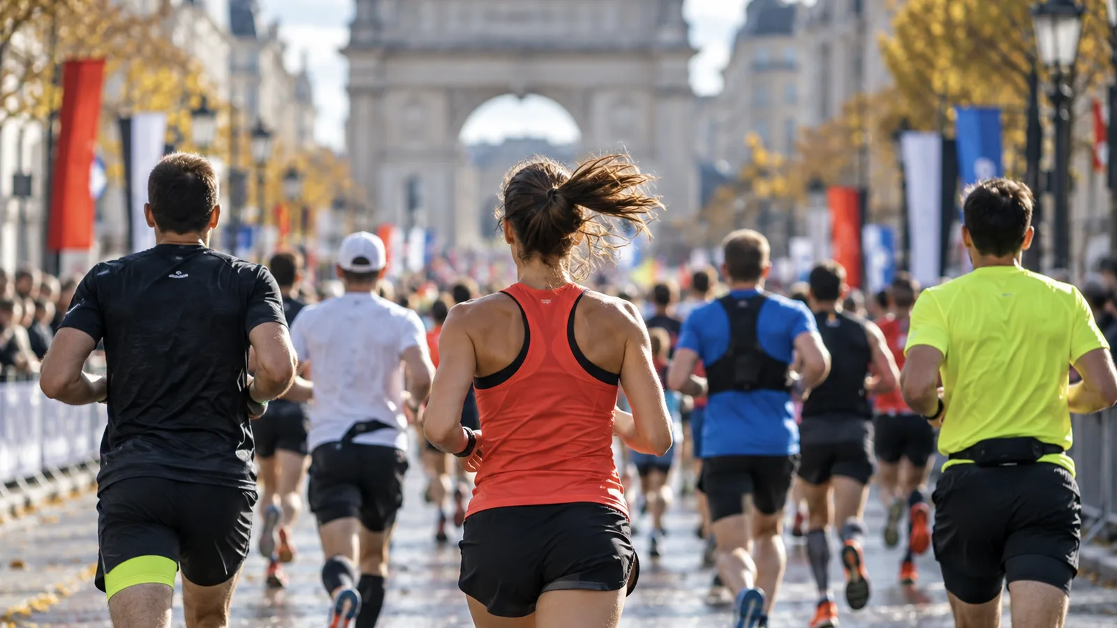 Coureurs de dos sur un grand boulevard urbain pendant un marathon, alimentation pour un marathon