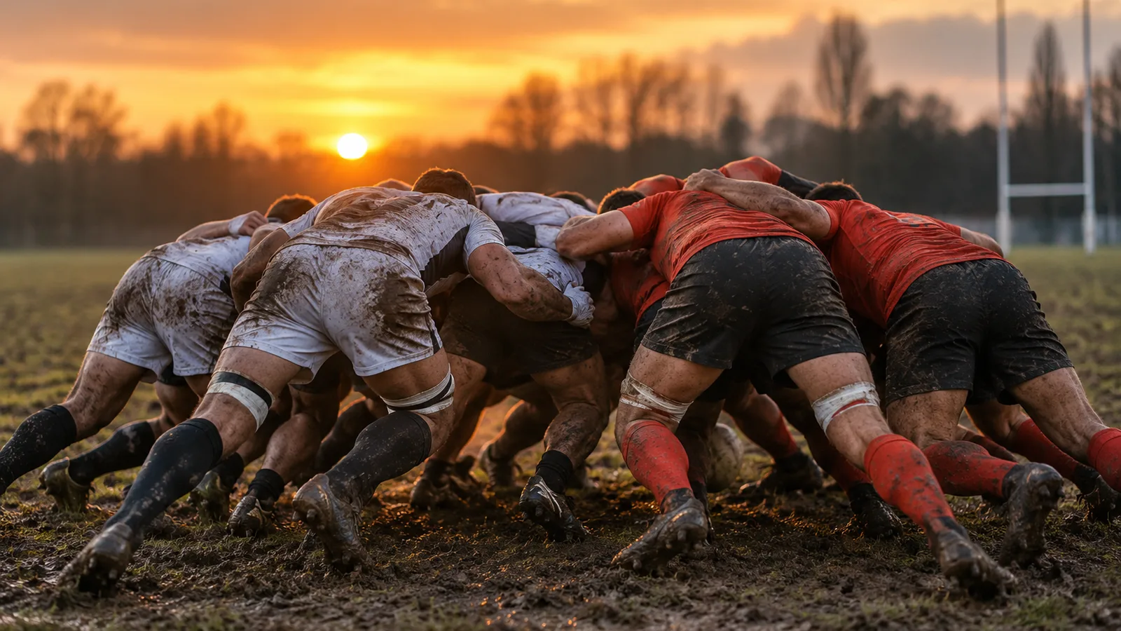 Mêlée de rugby floue sur un terrain boueux au coucher du soleil, alimentation du rugbyman