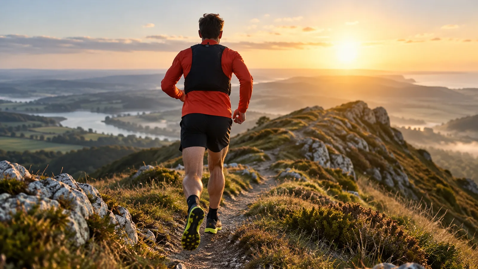 Traileur de dos sur un sentier de crête au lever du jour, alimentation en trail