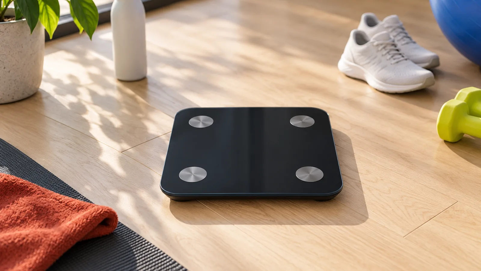 Balance à impédance discrète sans chiffres sur un parquet clair, composition corporelle du sportif