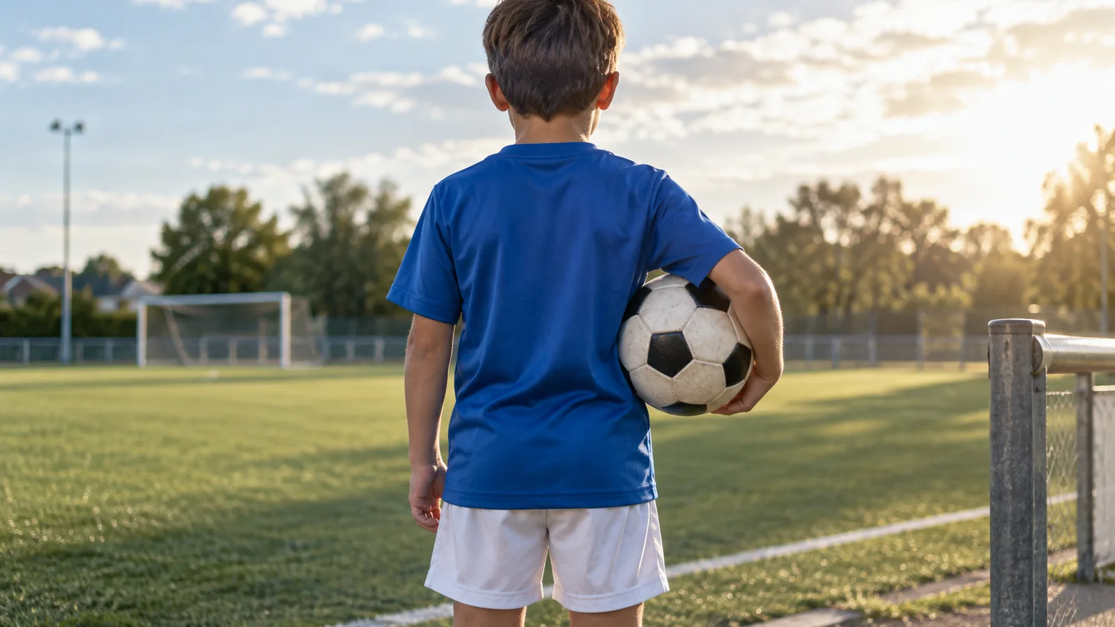 Enfant de dos en maillot de foot avec un ballon sous le bras au bord d’un terrain, alimentation de l’enfant sportif