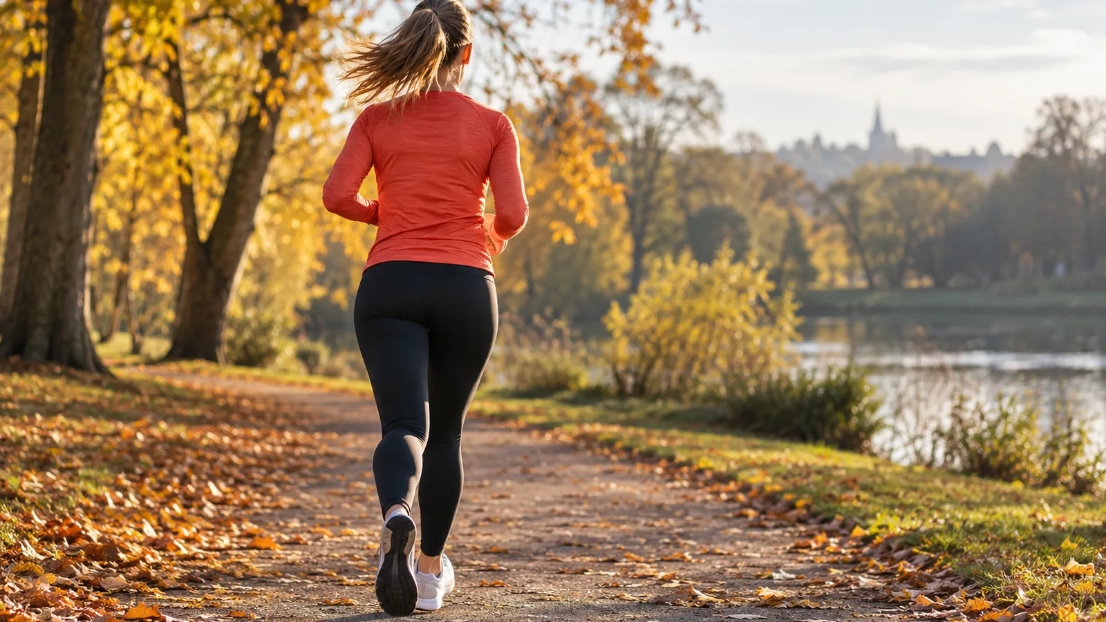 Sportive de dos en tenue de running dans un parc à l’automne, nutrition de la femme sportive