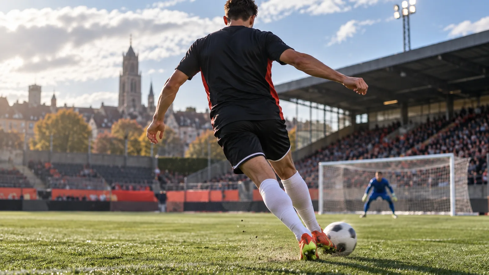 Joueur de football de dos frappant le ballon sur un terrain éclairé, nutrition du footballeur