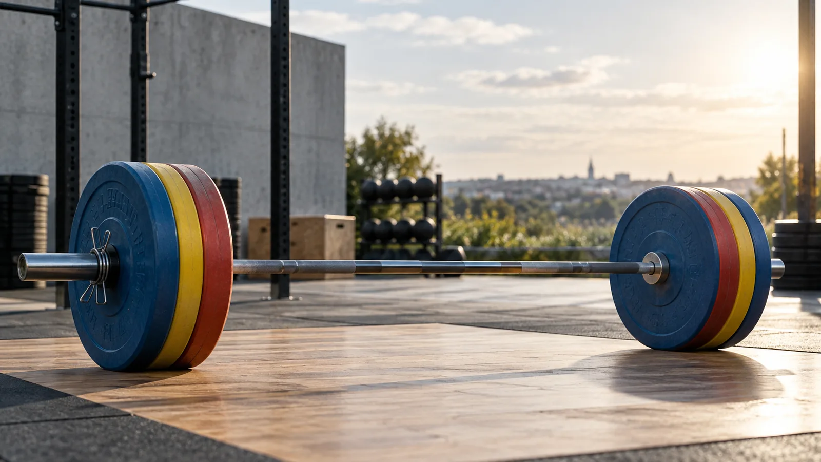 Barre olympique chargée sur une plateforme en bois, nutrition en haltérophilie