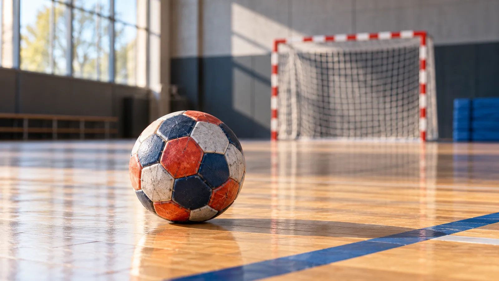 Ballon de handball sur un parquet de gymnase lumineux, nutrition du handballeur