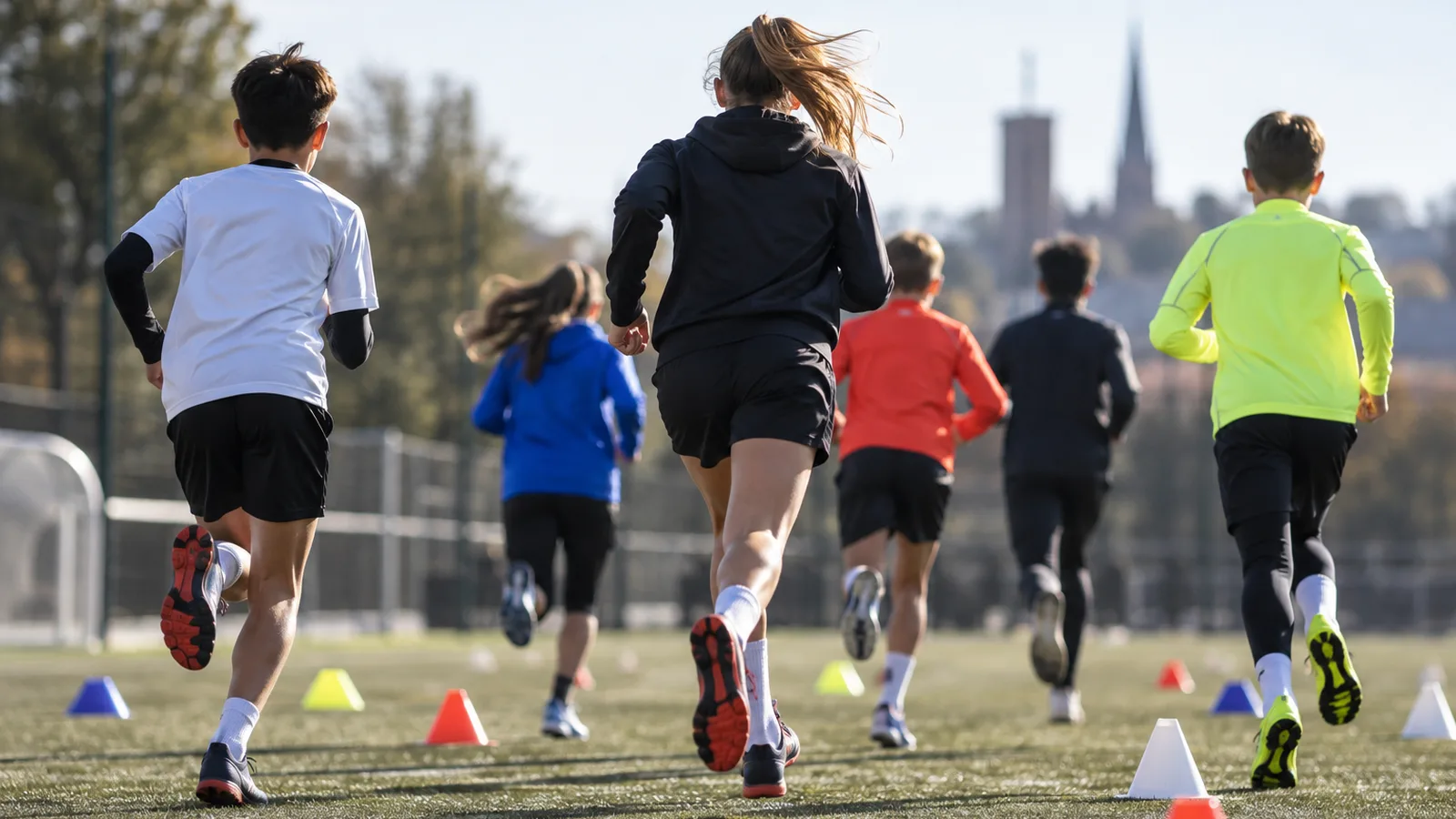 Enfants et ados de dos en tenues de sport courant sur un terrain d’entraînement, nutrition du jeune sportif