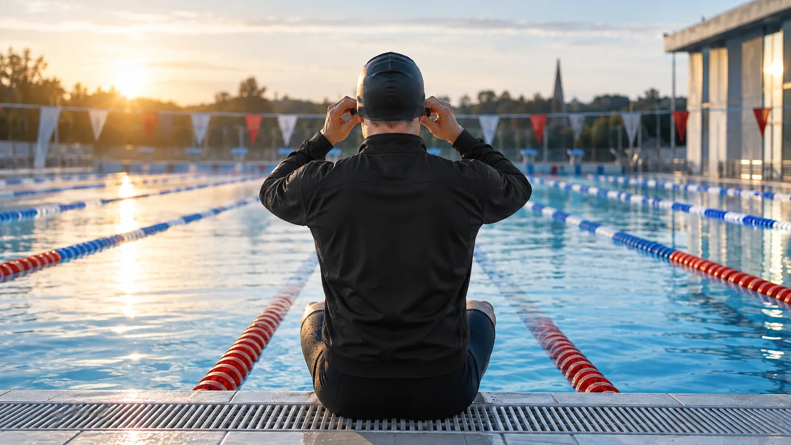 Nageur de dos au bord d’un bassin olympique au petit matin, nutrition du nageur