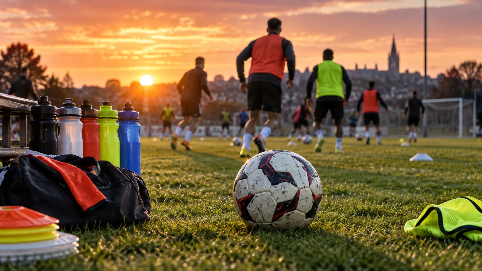Terrain de football en herbe au crépuscule, nutrition des sports collectifs