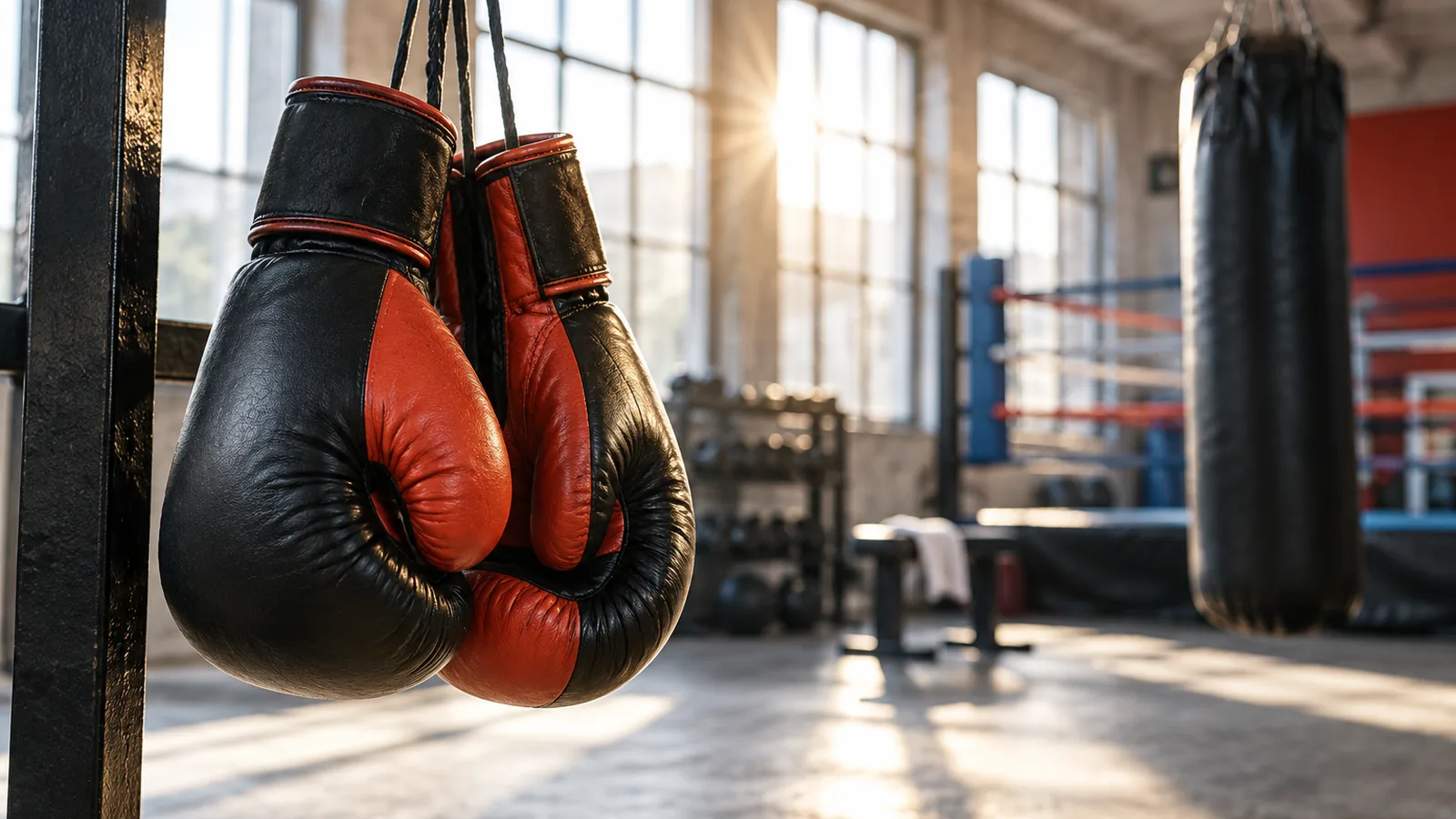 Gants de boxe suspendus dans une salle lumineuse, nutrition des sports de combat