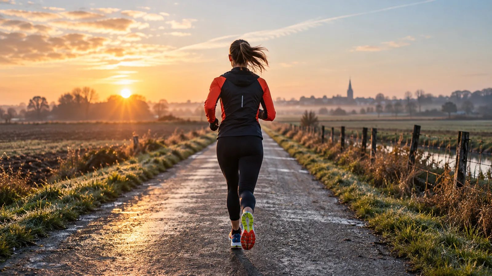 Coureuse de dos sur un chemin de campagne au lever du soleil, nutrition des sports d’endurance