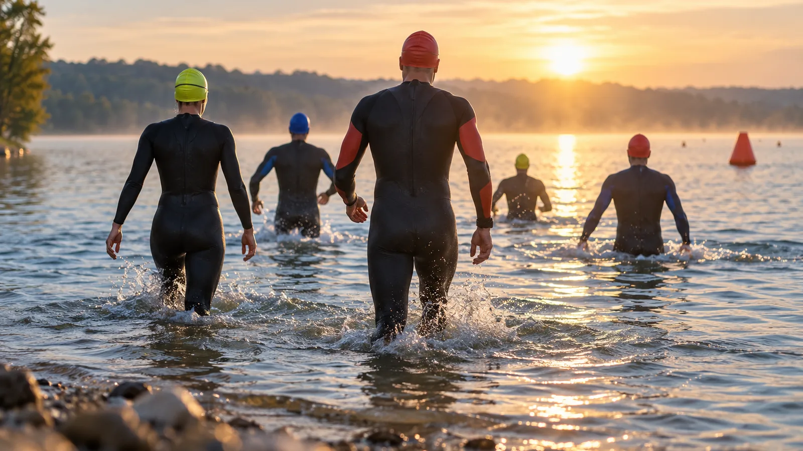 Triathlètes de dos entrant dans un lac au lever du jour, nutrition du triathlète