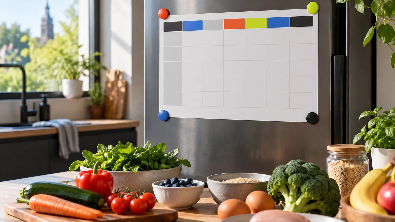 Calendrier d’entraînement vierge aimanté sur un frigo, plan alimentaire du sportif