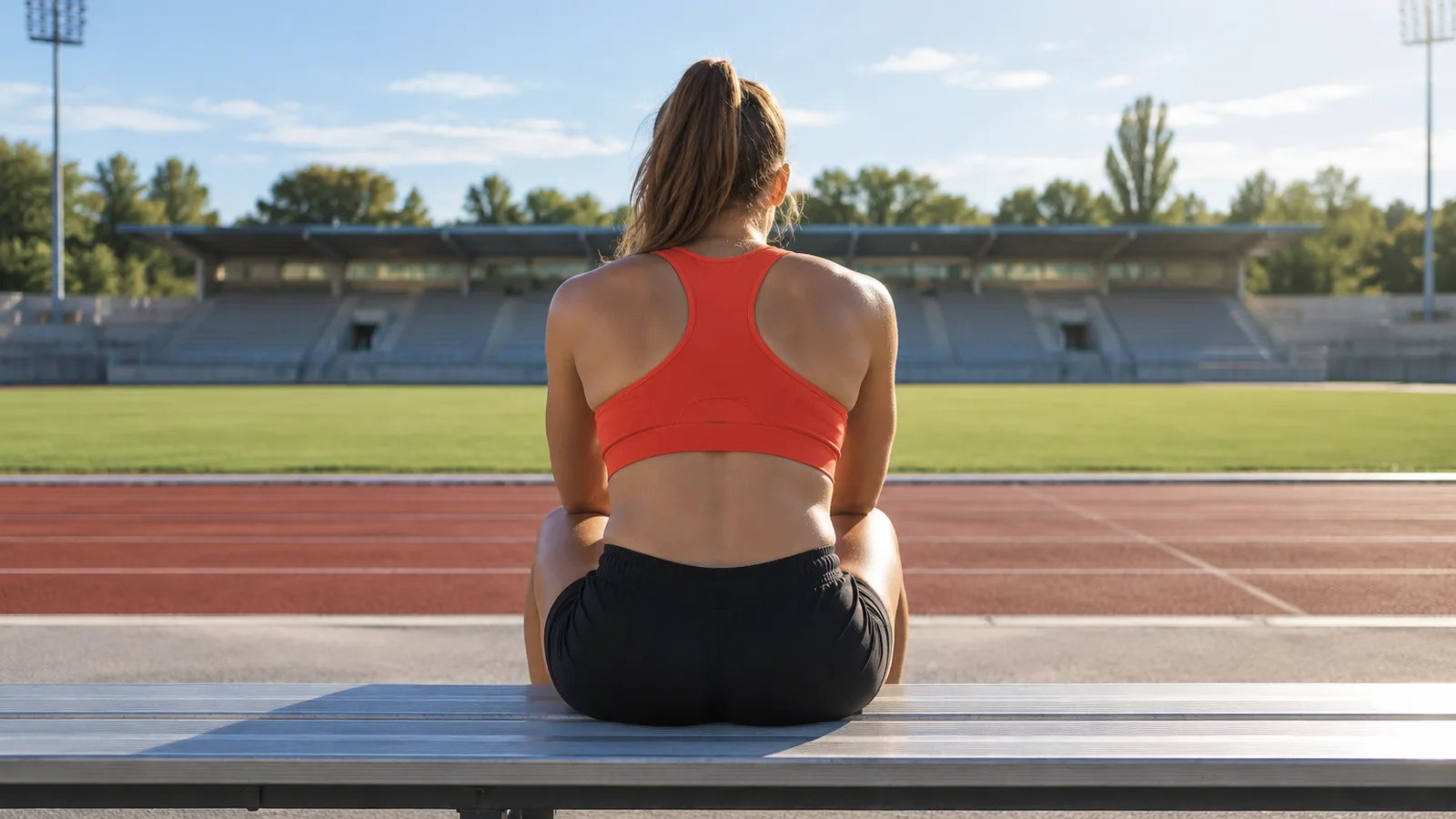 Athlète de dos assise sur le banc d’un stade vide, préparation mentale et nutrition