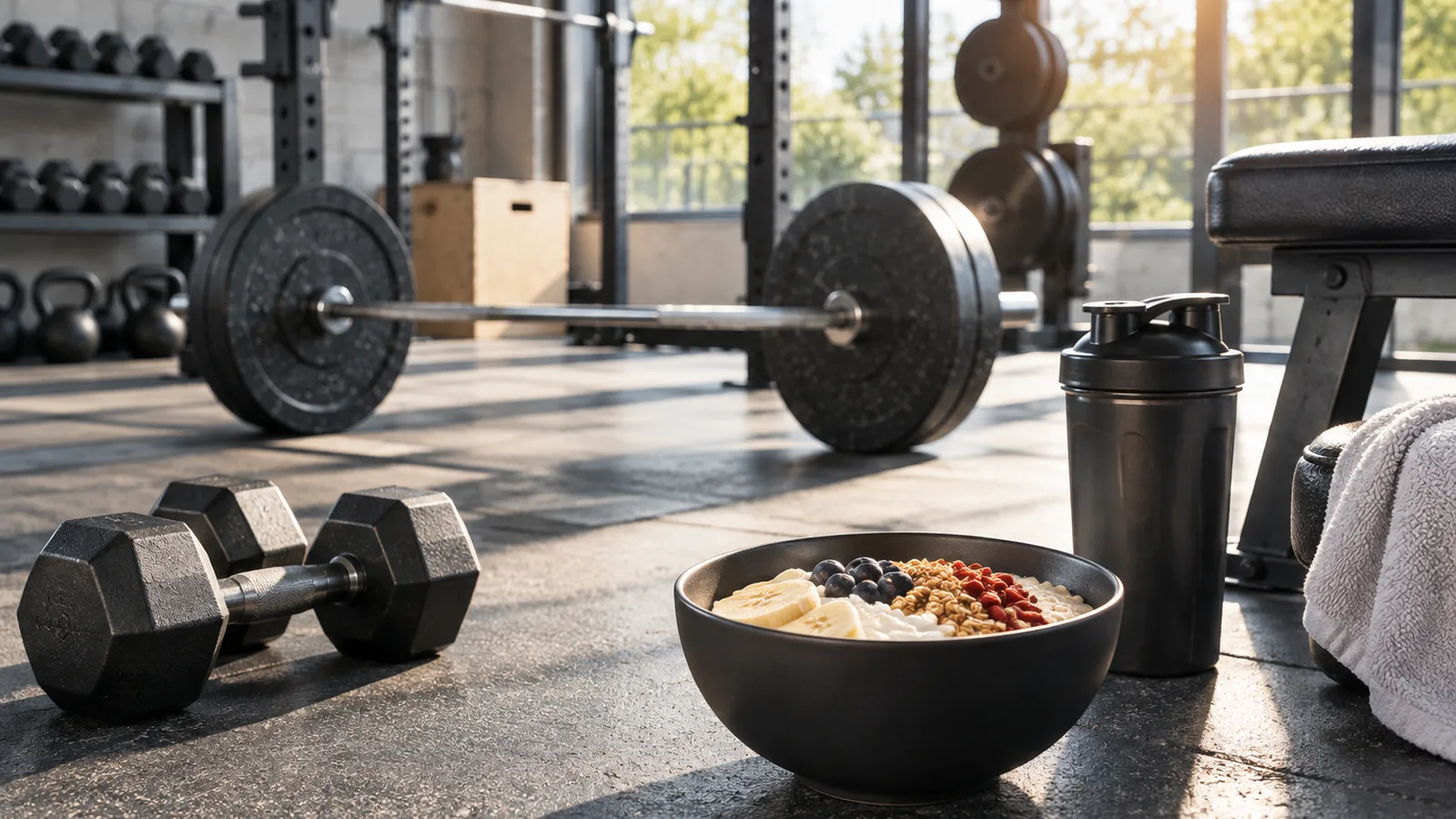 Haltères et barre dans une salle lumineuse, protéines en musculation