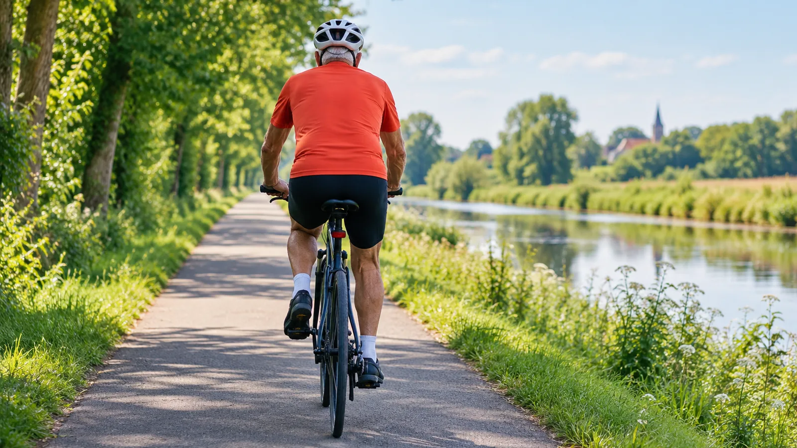Senior de dos faisant du vélo sur une voie verte, nutrition du sportif senior