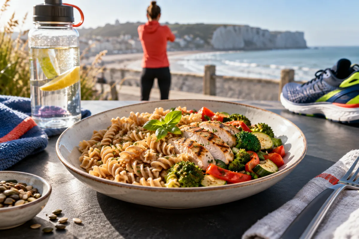 Assiette de pâtes complètes, alimentation pour un marathon