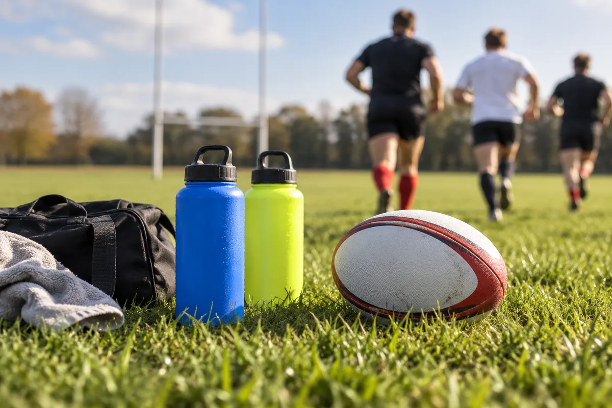 Gourdes et ballon ovale sur la pelouse, alimentation du rugbyman