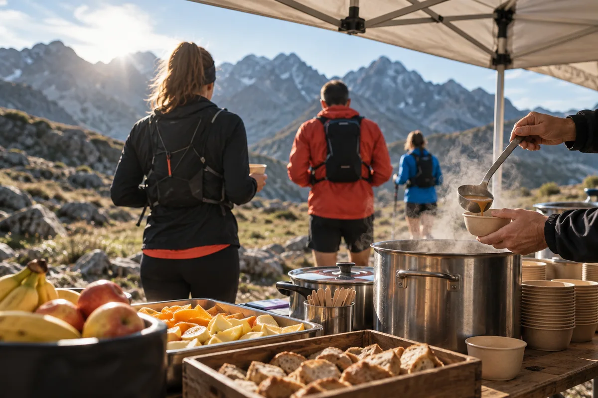 Ravitaillement en montagne sous une tente, alimentation en trail