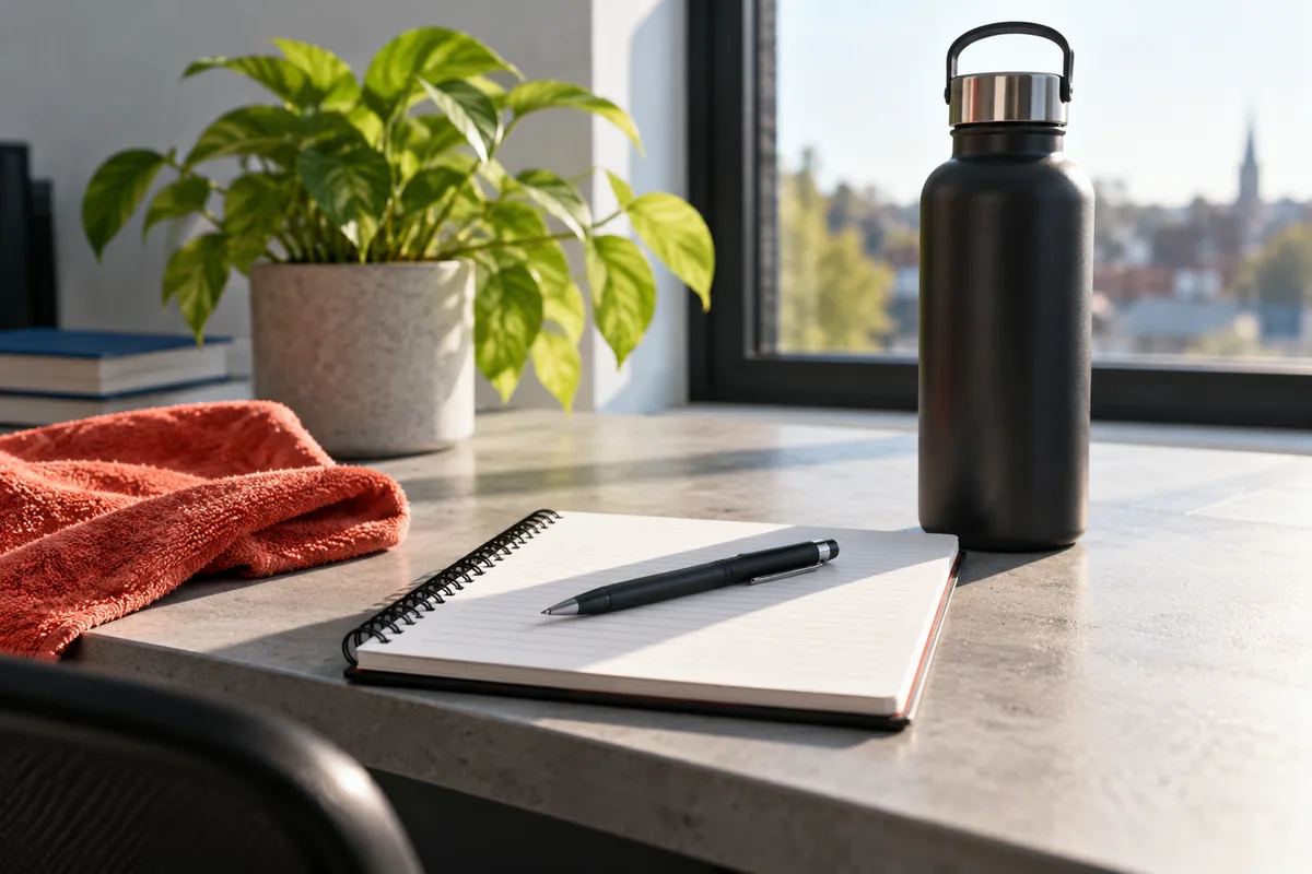 Carnet et stylo sur un bureau à côté d’une gourde, composition corporelle du sportif
