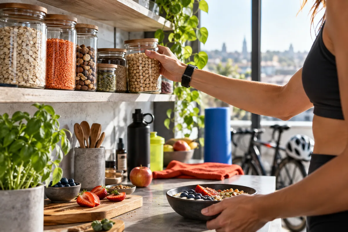 Étagère de cuisine avec bocaux de céréales, nutrition du sportif