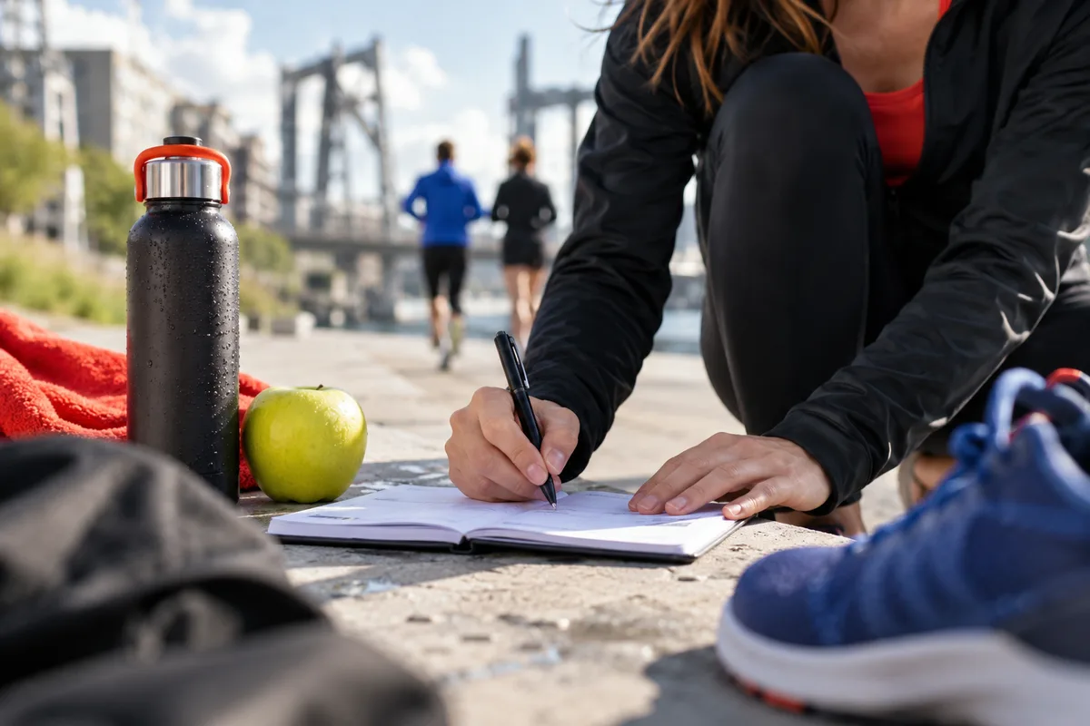 Main qui écrit un planning d’entraînement flou à côté d’une gourde et d’une pomme, diététicienne du sport