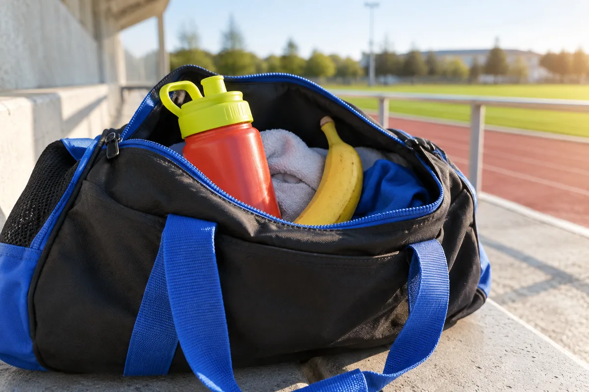 Gourde colorée et banane dans un sac de sport d’enfant, alimentation de l’enfant sportif