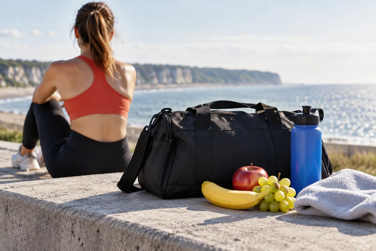 Sac de sport avec gourde et fruits, nutrition de la femme sportive