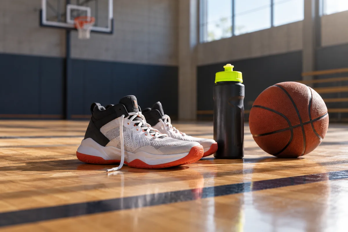 Chaussures de basket et gourde sur le parquet, nutrition du basketteur