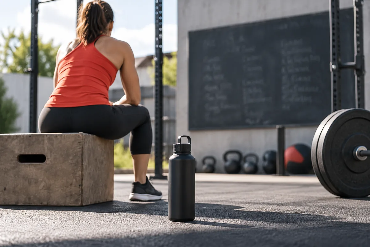 Tableau noir flou sans texte lisible et gourde, nutrition et crossfit