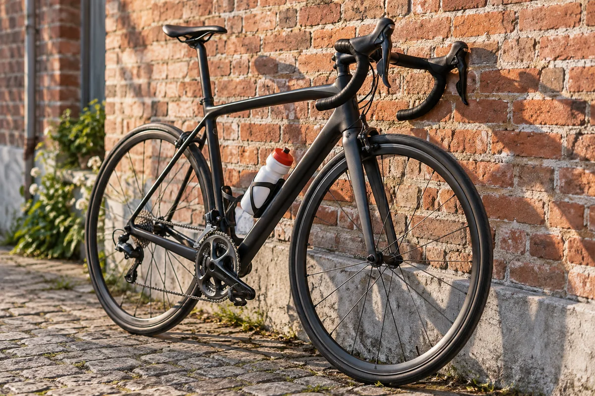 Vélo de route appuyé contre un mur de briques, nutrition du cycliste