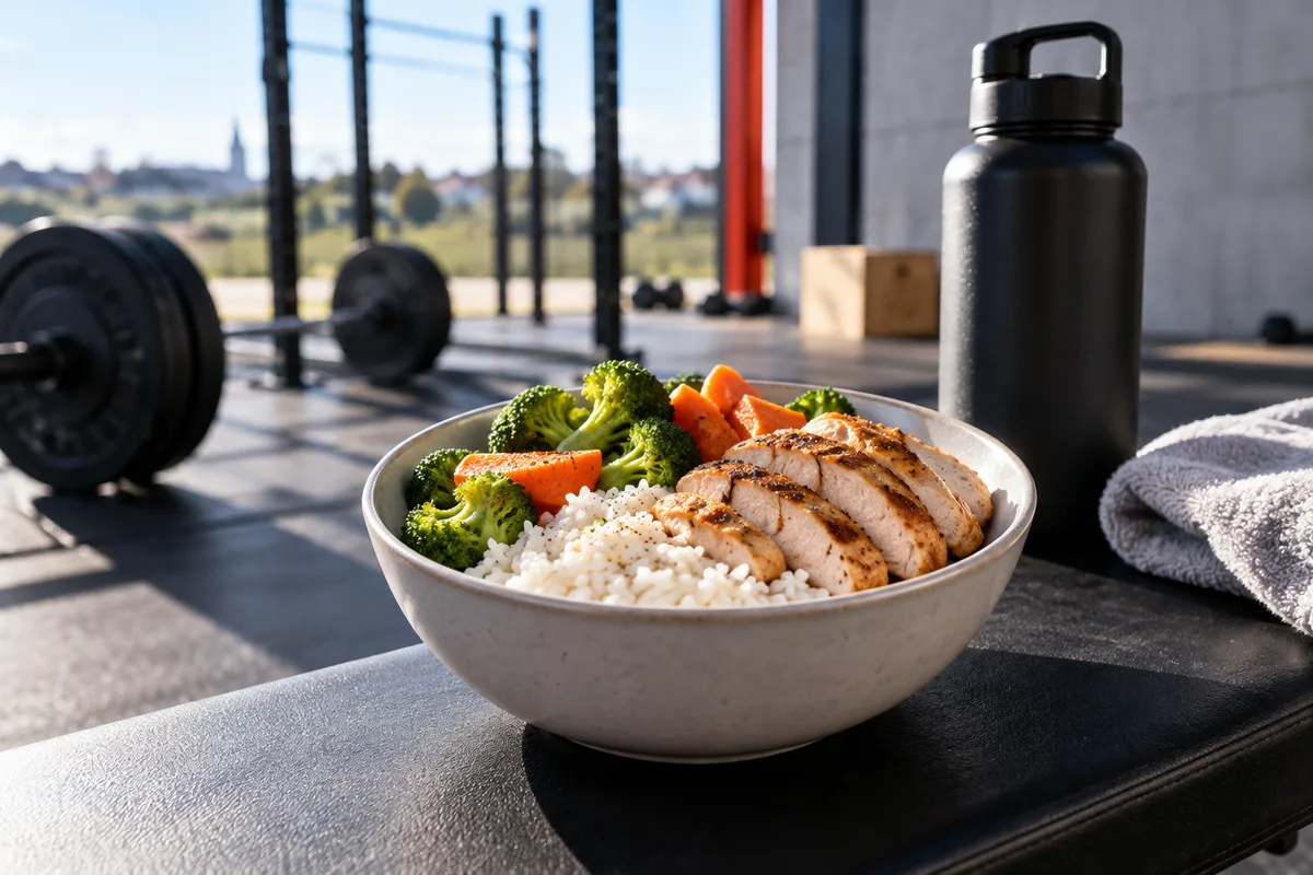 Bol de riz et viande maigre, nutrition en haltérophilie