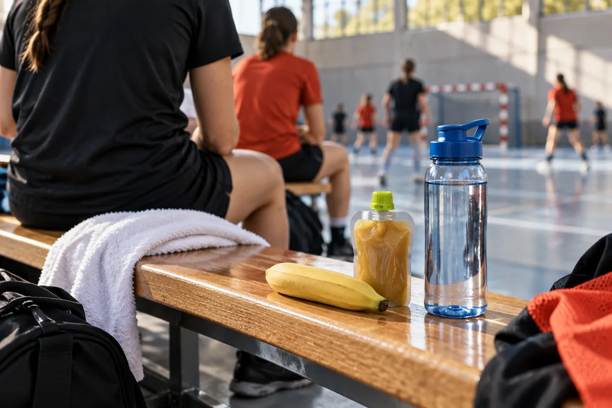 Collations sur un banc de salle, nutrition du handballeur