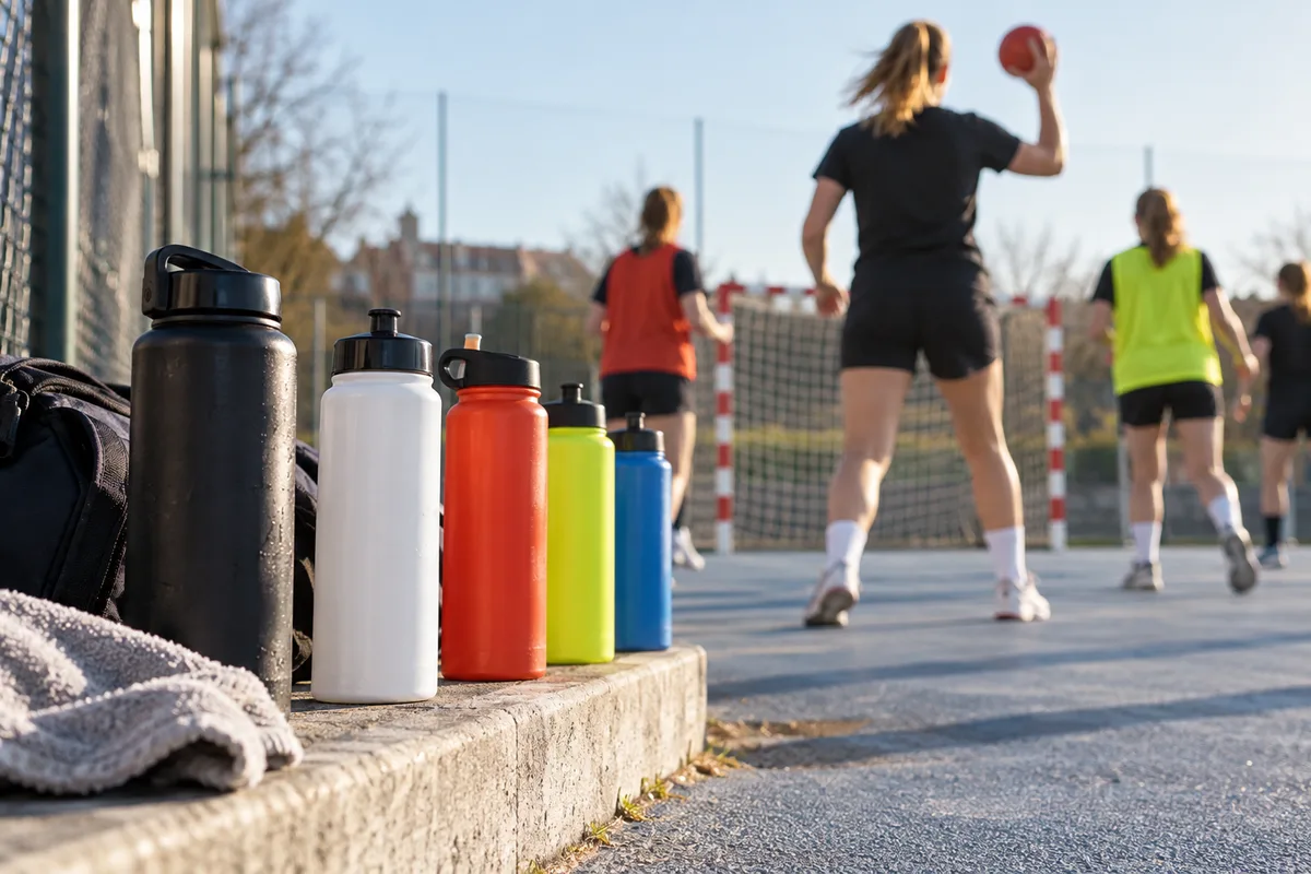 Gourdes alignées le long du terrain, nutrition du handballeur