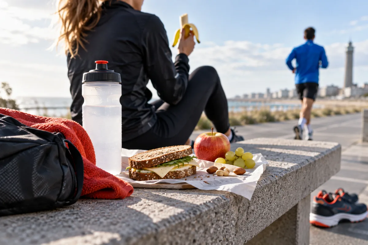 Goûter de sportif sur un banc, nutrition du jeune sportif