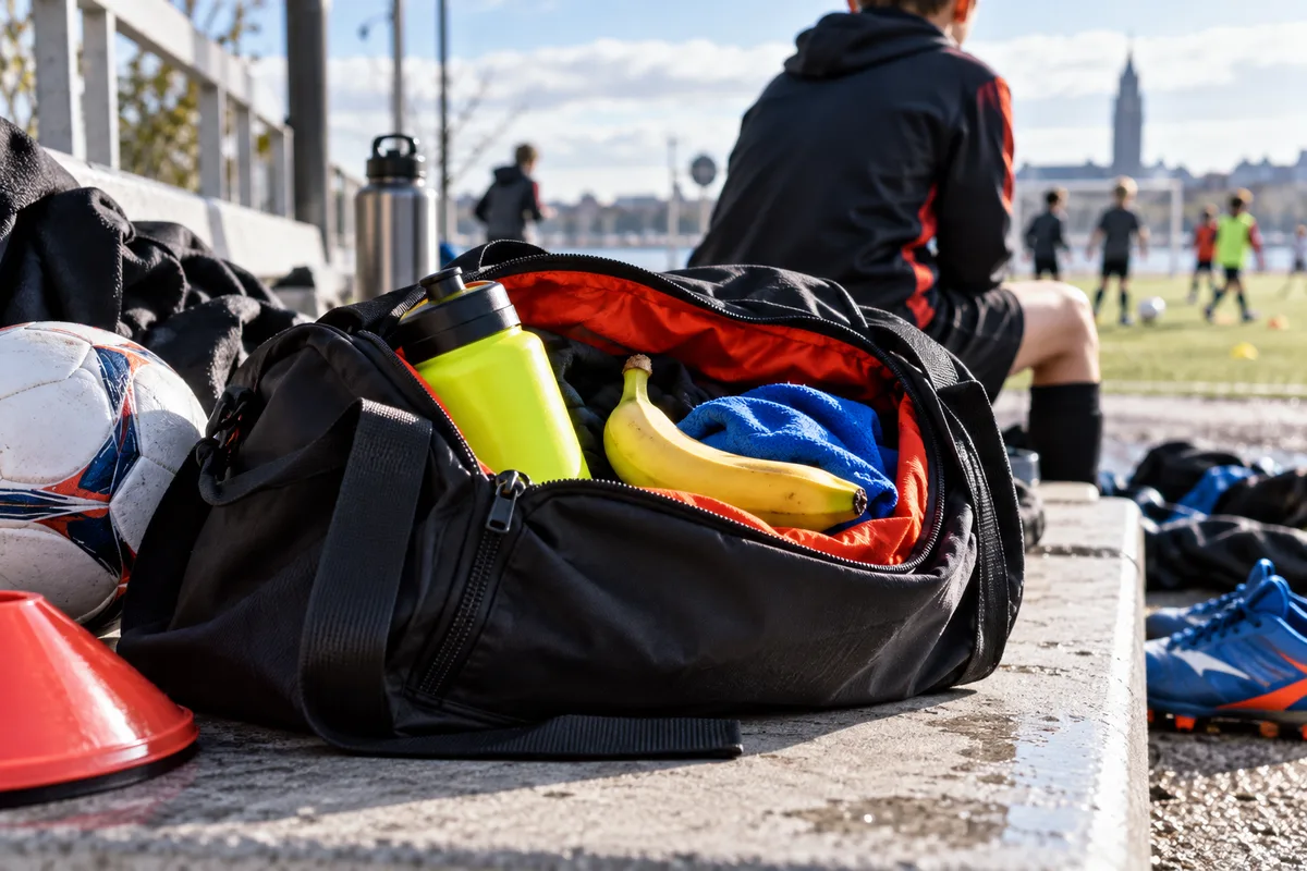 Sac de sport d’enfant ouvert avec gourde colorée et banane, nutrition du jeune sportif
