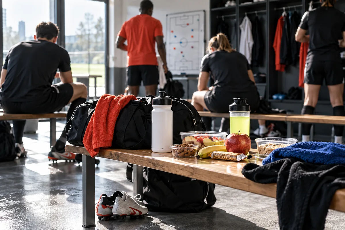 Vestiaire avec sacs de sport, nutrition des sports collectifs