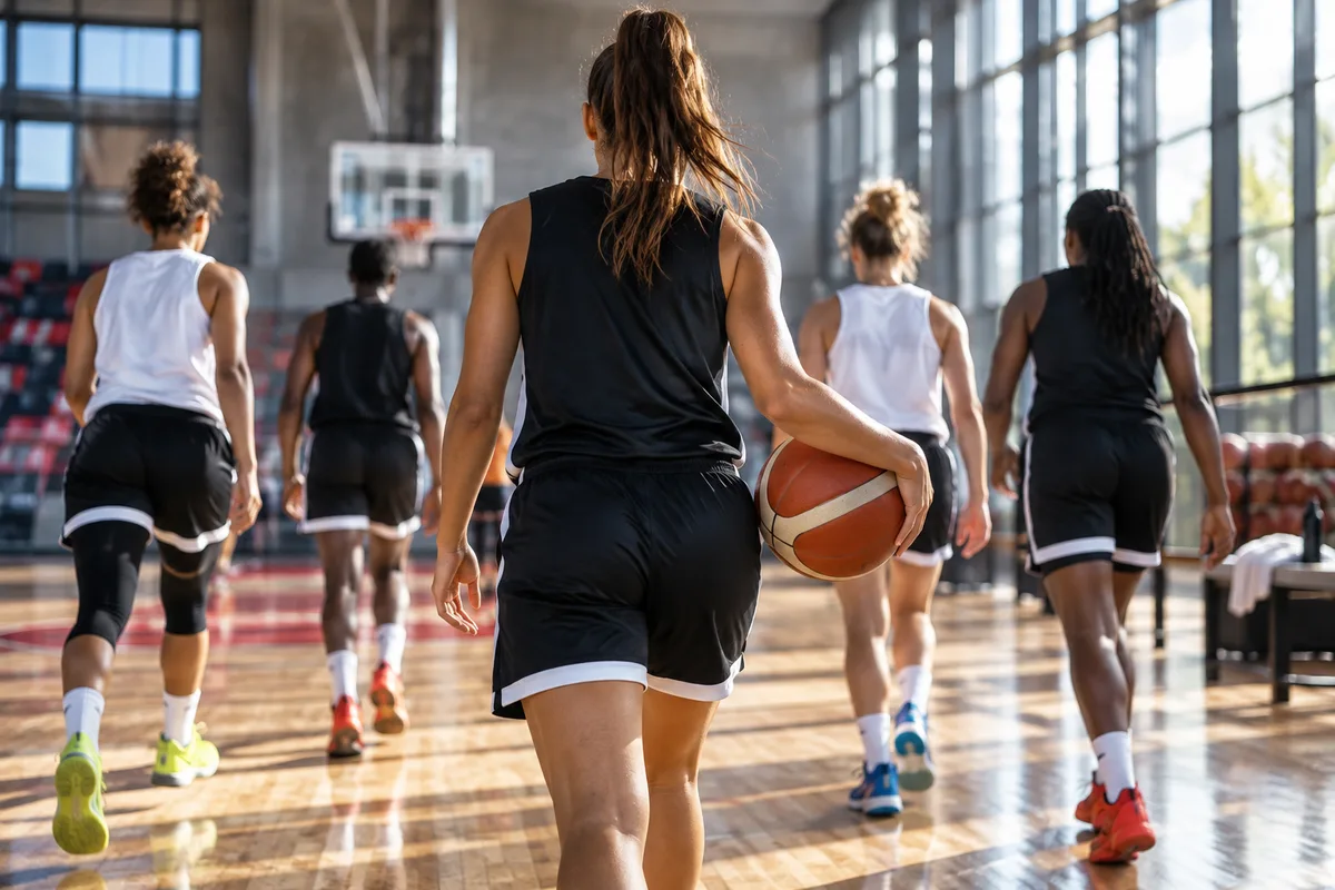 Équipe de basket vue de dos sur un parquet lumineux, nutrition des sports collectifs