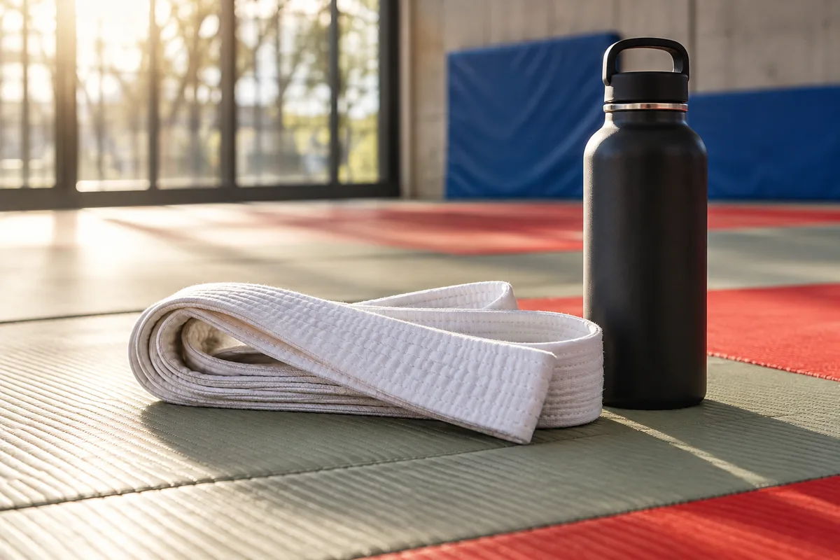 Ceinture de judo pliée sur un tatami avec une gourde, nutrition des sports de combat