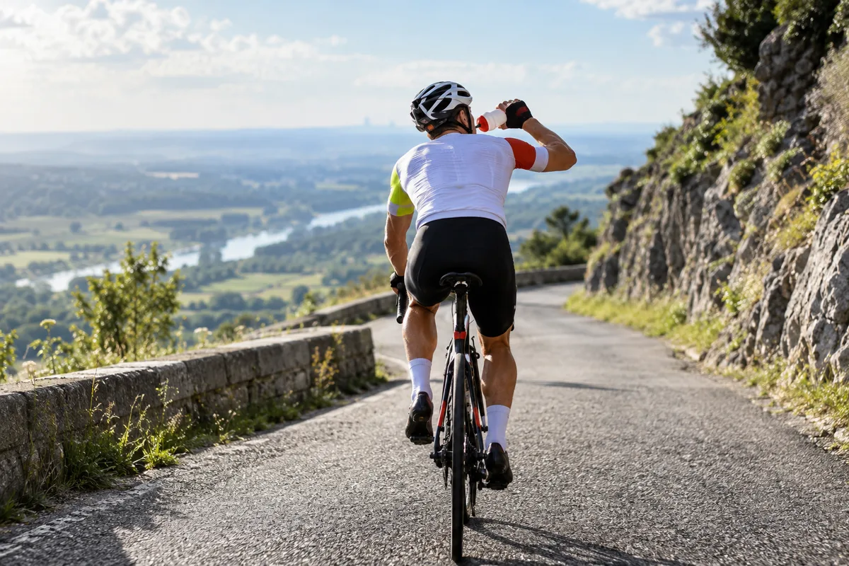 Cycliste de dos dans une montée de col, nutrition des sports d’endurance