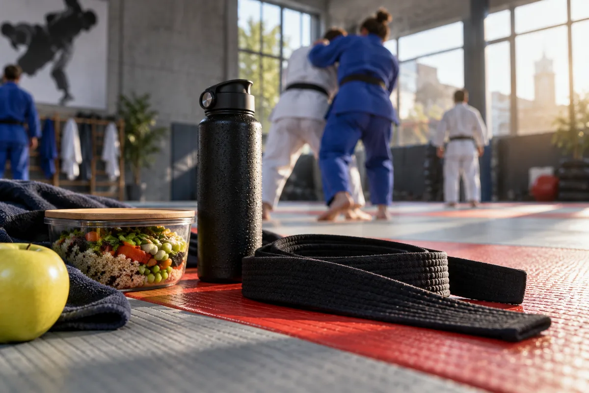 Tatami de judo vu en contre-plongée avec ceinture posée et gourde, nutrition des sports de force et de combat