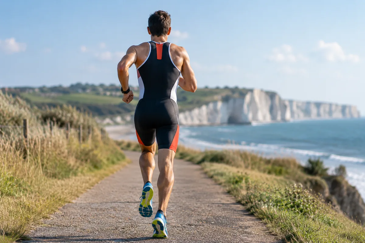 Coureur de dos en tenue de triathlon, nutrition du triathlète