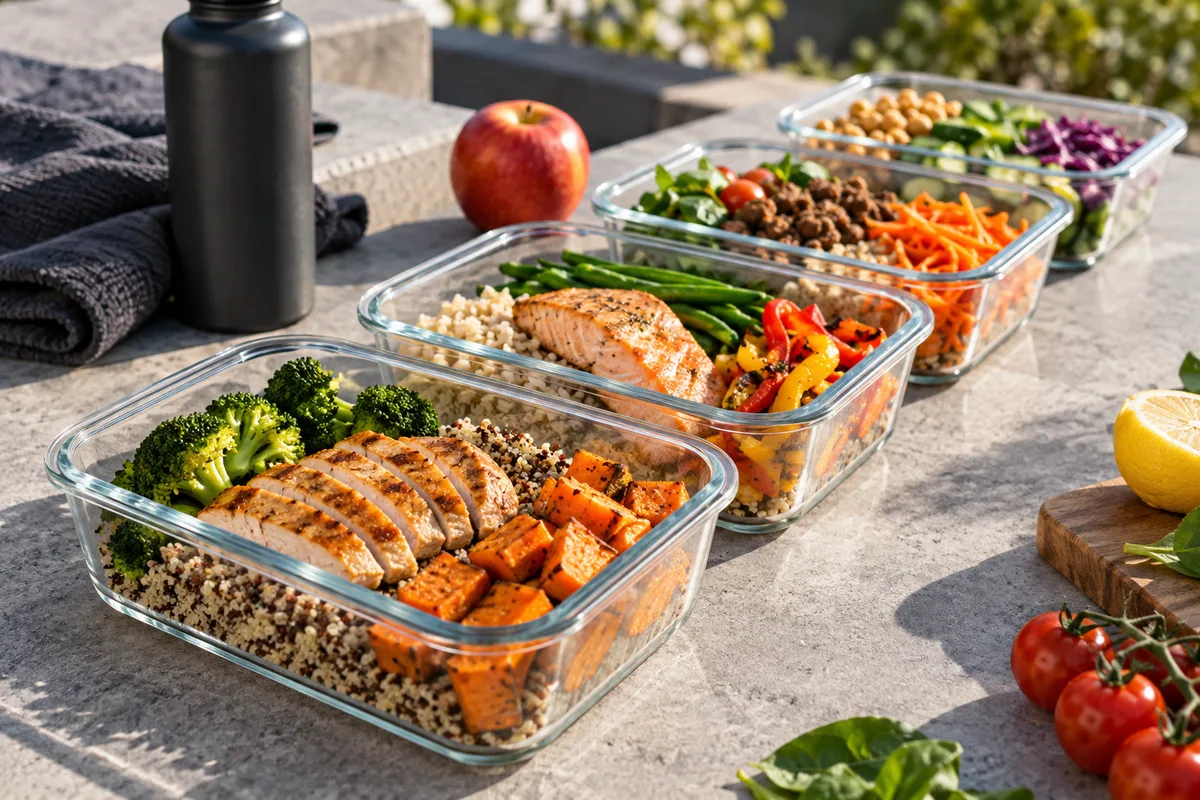 Boîtes repas préparées alignées, plan alimentaire du sportif