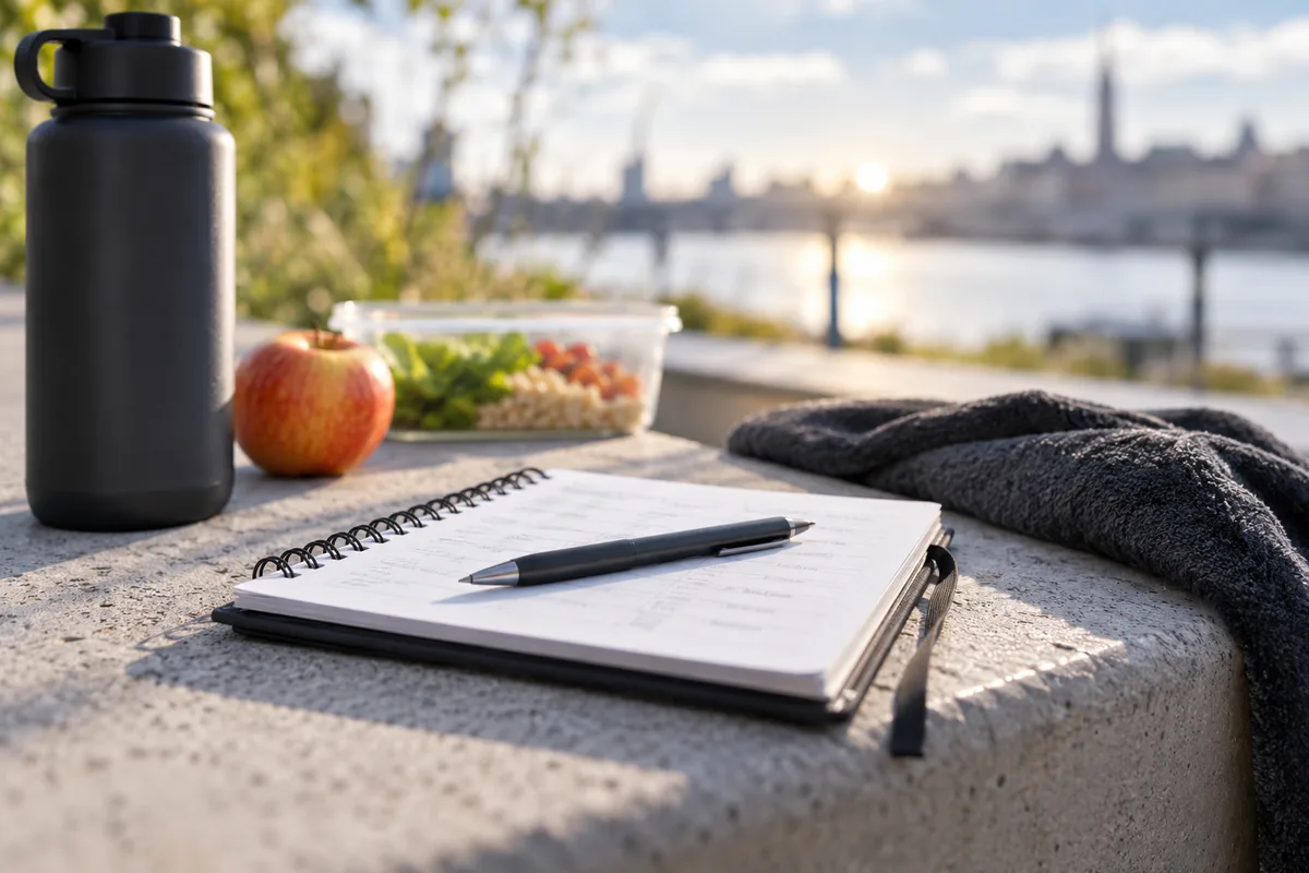 Carnet de planification flou et stylo, plan alimentaire du sportif