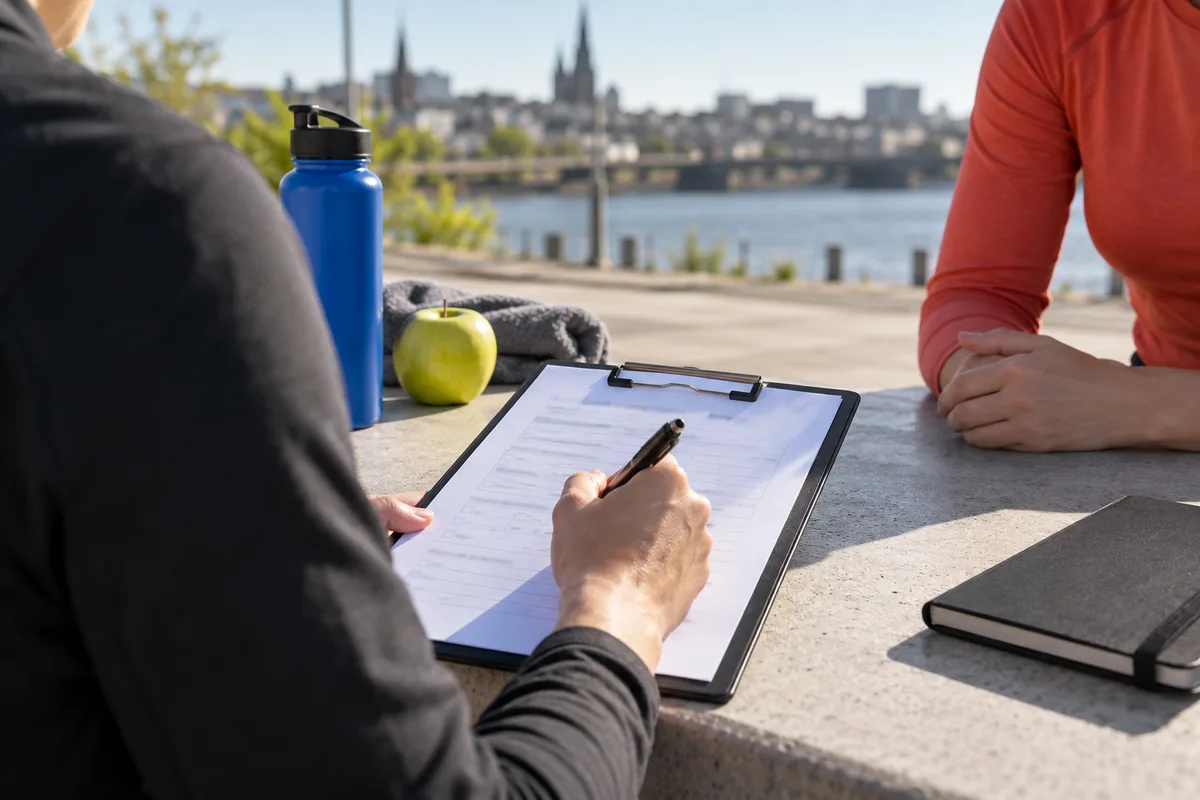 Mains remplissant un questionnaire flou sur l’entraînement, premier rendez-vous avec une diététicienne du sport