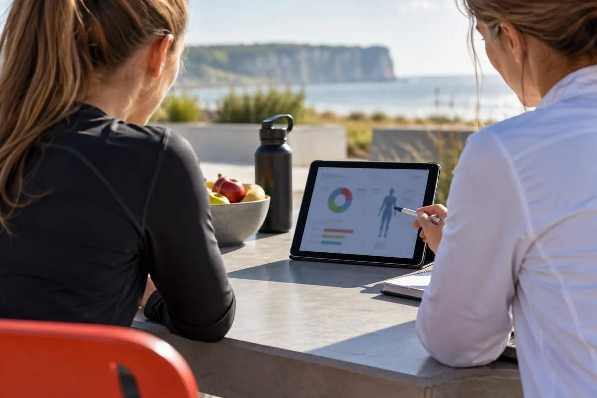 Tablette avec graphique flou de composition corporelle, premier rendez-vous avec une diététicienne du sport