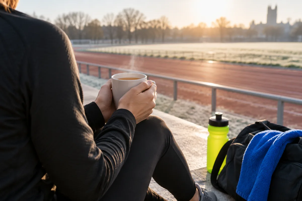 Mains tenant une tasse de tisane avant une compétition, préparation mentale et nutrition