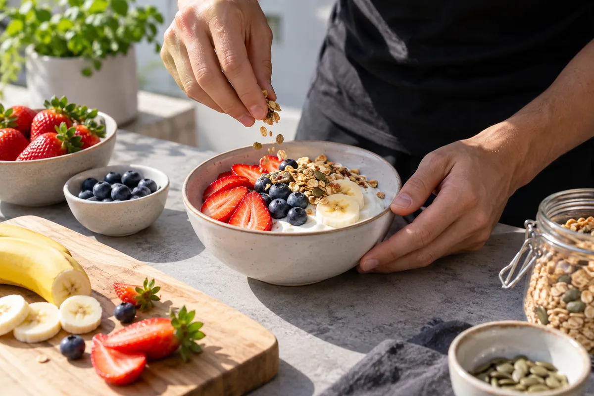 Mains préparant un bol de skyr aux fruits, protéines en musculation