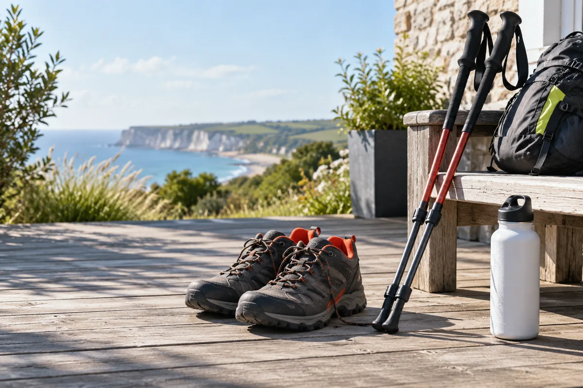 Chaussures de marche et bâtons sur une terrasse, nutrition du sportif senior