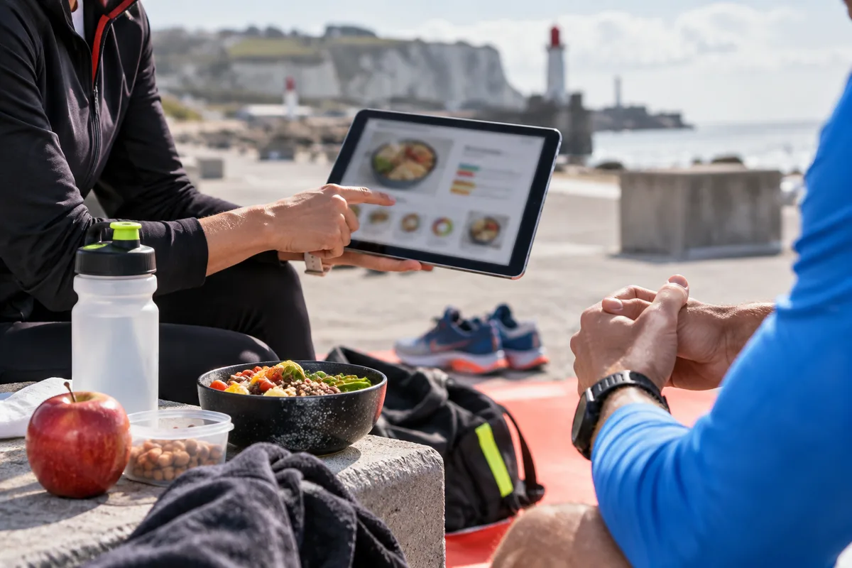 Mains montrant un plan alimentaire flou sur une tablette à un sportif dont on ne voit que les mains, suivi avec une diététicienne du sport